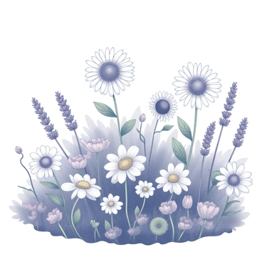 A garden filled with various flowers. In the foreground, there are several "poppies" with their distinct crinkled petals. Scattered among them are "daisies" with their white petals and yellow centers. "Sunflowers" stand tall with large, round heads, facing upward. Clusters of "lavender" with slender green stems create a soft border around the scene. The background includes a gentle arrangement of foliage, with varying shapes and sizes, adding depth to the composition.