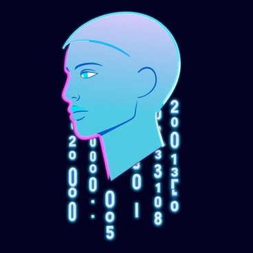 A human head with distinct facial features and a neutral expression. The head is surrounded by a soft, glowing light that enhances its contours. From the top of the head, streams of digital binary code flow downwards, cascading like a waterfall. The binary code consists of glowing numbers and symbols, creating a vibrant, dynamic effect. The background is dark, allowing the light from the binary code to stand out prominently against it.