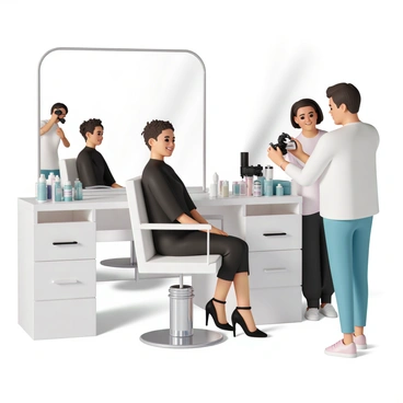 A celebrity, wearing a chic black dress and high heels, sits in a bright, modern salon chair. Their hair is being styled by a stylist, who is adding volume with a curling iron. The photographer, holding a camera, captures the moment from a distance, framing the celebrity’s radiant smile as they look in a large mirror. The salon is filled with bright lights and a variety of beauty products scattered on a sleek counter, creating an atmosphere of glamour and excitement. The stylist is focused intently on their work, while the photographer adjusts the camera settings.