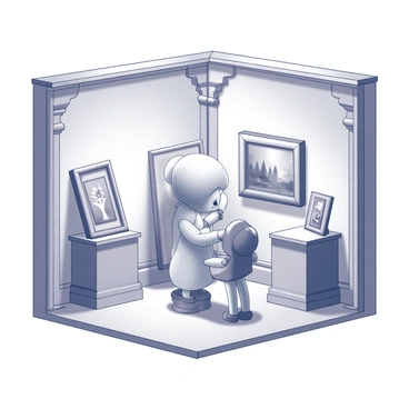 A small figure resembling "Polly Pocket" is positioned within a "tiny, elegant art gallery." The gallery features intricate architectural details, such as ornate moldings and delicate columns. "Miniature artworks" are displayed on walls and small pedestals, showcasing various styles and subjects in their small frames. The lighting is soft, highlighting the details of the artworks and creating a warm ambiance. "Polly Pocket" gazes intently at a particular piece, her expression reflecting a sense of admiration and curiosity.