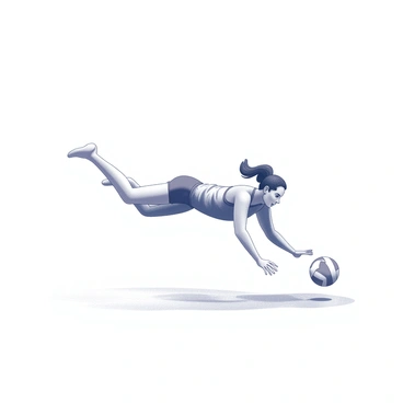 A player is in mid-air, diving to save a volleyball just before it contacts the ground. The player is positioned horizontally, with arms extended forward and fingers reaching towards the volleyball. Their body is slightly turned, showcasing the athletic build and determination on their face. The volleyball is captured in the moment, just inches away from descending into the sand. The player's legs are bent at the knees, with one leg trailing behind and the other pushing off the ground. The scene conveys a sense of urgency and the intensity of the sport.
