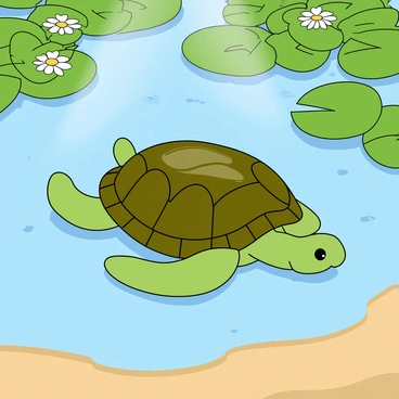 A turtle swimming gracefully in a clear pond surrounded by lily pads