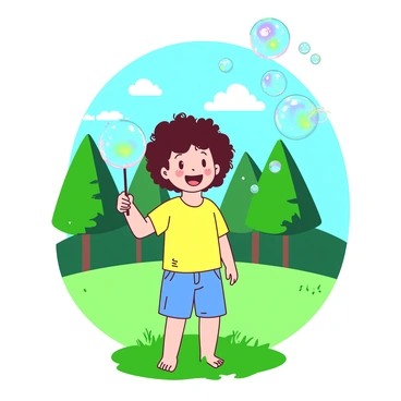 A child with curly hair is standing in a green park, holding a bubble wand in one hand. The child is wearing a bright yellow t-shirt and blue shorts, with a joyful expression on their face as they blow bubbles. The bubbles are floating in the air, with each bubble reflecting the sunlight and displaying various holographic colors. In the background, there are green trees and a clear blue sky, with a few fluffy white clouds scattered above. The grass beneath the child is vibrant, adding to the liveliness of the scene.