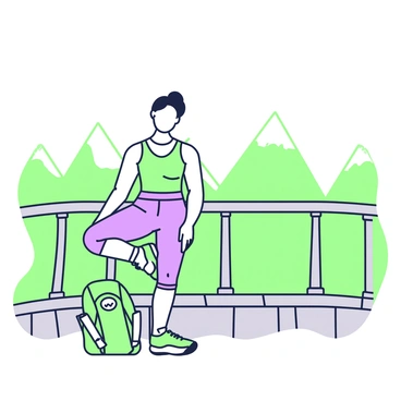 A person is stretching their calves on a viewpoint overlooking a vast landscape. They are standing with one leg bent and the heel of the other foot pressed against the ground, demonstrating a calf stretch. The viewpoint features a stone railing that frames the scene. In the distance, multiple mountains rise against the sky, their peaks jagged and prominent. The person is dressed in athletic gear, including a fitted tank top and comfortable shorts. Their hair is tied back, and they are focused on their stretch. To the side, a small backpack rests on the ground, hinting at an outdoor adventure.