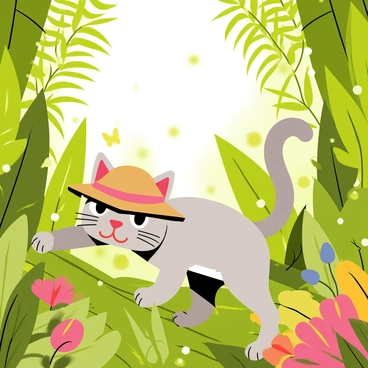A small gray cat wearing a tiny brown explorer hat is carefully navigating through a dense jungle. The jungle is filled with tall green trees and thick, leafy plants, creating a vibrant backdrop. The cat's eyes are wide with curiosity as it steps over twisting roots and around colorful flowers. Sunlight filters through the canopy above, casting dappled light on the cat's fur. A few butterflies flutter around, adding pops of color to the scene. The atmosphere is lively, with various jungle sounds surrounding the adventurous cat.