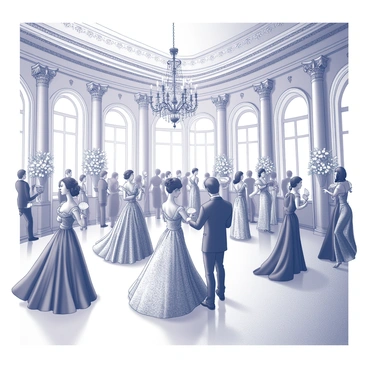 A lavish ballroom filled with elegantly dressed guests. The room features a high, ornate ceiling adorned with intricate moldings and crystal chandeliers hanging down. Large windows line the walls, allowing natural light to filter in. Guests are mingling and socializing, wearing opulent ball gowns with flowing skirts and intricate details. Some guests are holding decorative fans or glasses of sparkling beverages. The floor is polished to a high shine, reflecting the grandeur of the setting and the attire of the guests. Richly decorated columns and artful arrangements of flowers enhance the luxurious atmosphere.