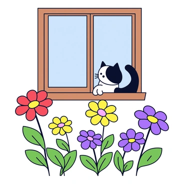 A curious pied cat with black and white patches is peeking out from a window. The window has a wooden frame and is slightly ajar. In the foreground, there are vibrant flowers with various colors, including red, yellow, and purple, with green leaves surrounding them. The flowers are arranged in a way that adds depth to the scene, enhancing the cat's playful expression as it looks outside.