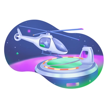 A futuristic helicopter landing on a large, circular space station platform. The helicopter features sleek lines and a metallic finish, reflecting the stars in the background. The platform is equipped with bright lights and surrounded by a transparent protective barrier. Space can be seen in the background, dotted with distant stars and other celestial bodies. The atmosphere is illuminated by a soft glow from the station's lights.
