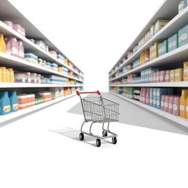 A single empty shopping cart in an otherwise deserted supermarket aisle