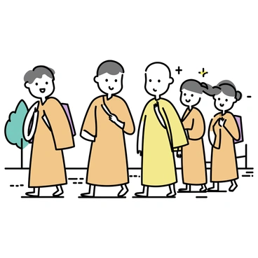 A group of young Buddhist monks, each wearing bright orange traditional robes, are walking through a monastery courtyard. The courtyard is surrounded by simple stone walls and features a few small trees. The monks are smiling and chatting with one another as they walk in a line. The sunlight casts soft shadows on the ground, highlighting the texture of the cobblestones beneath their feet.