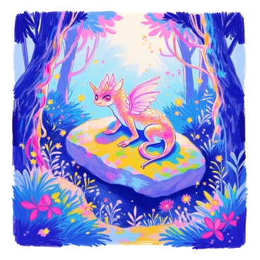 A mythical creature with shimmering scales is resting on a moss-covered rock in a hidden grove. The creature has large, iridescent wings that reflect colors of blue and green, and its eyes are bright and curious. Surrounding the creature are numerous fireflies, their soft glow illuminating the scene. The grove is filled with tall, leafy trees that have delicate vines hanging down, and the ground is carpeted with lush ferns and small flowers. The atmosphere is magical, with a faint mist adding to the enchanting environment.