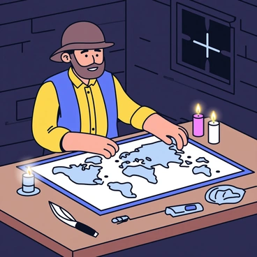 An explorer with a rugged appearance is sitting at a wooden table in a dimly lit cabin. He has a worn leather hat and is focused on a large, detailed map of the New World spread out in front of him. The map features intricate illustrations of landforms and sea routes. Candles flicker softly on the table, casting shadows around the room. The cabin walls are made of rough-hewn wood, and a small window shows the dark outside. A compass and a quill pen are nearby, adding to the atmosphere of exploration.