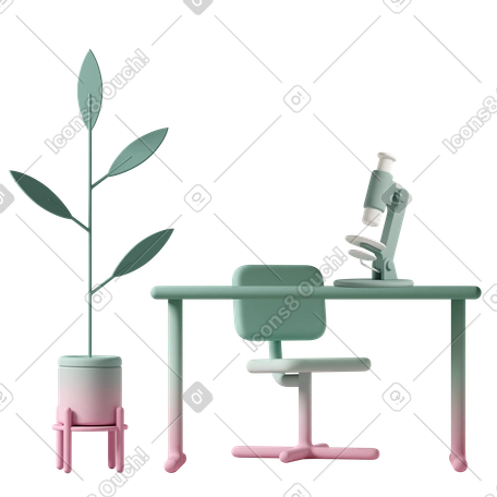 3D workspace featuring tall pot plant, chair and microscope on desk PNG, SVG