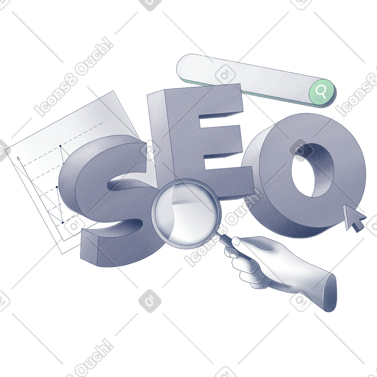 Ilustración Texto seo para optimización de motores búsqueda con gráficos, barra y lupa en estilo Haze a descargar en PNG SVG