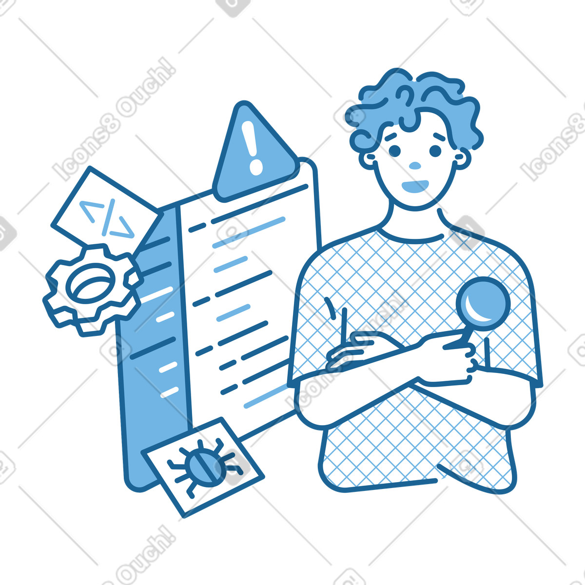 Illustration Ingénieur qa tenant une loupe et trouvant des bugs dans le code style Natty à télécharger aux formats PNG, SVG