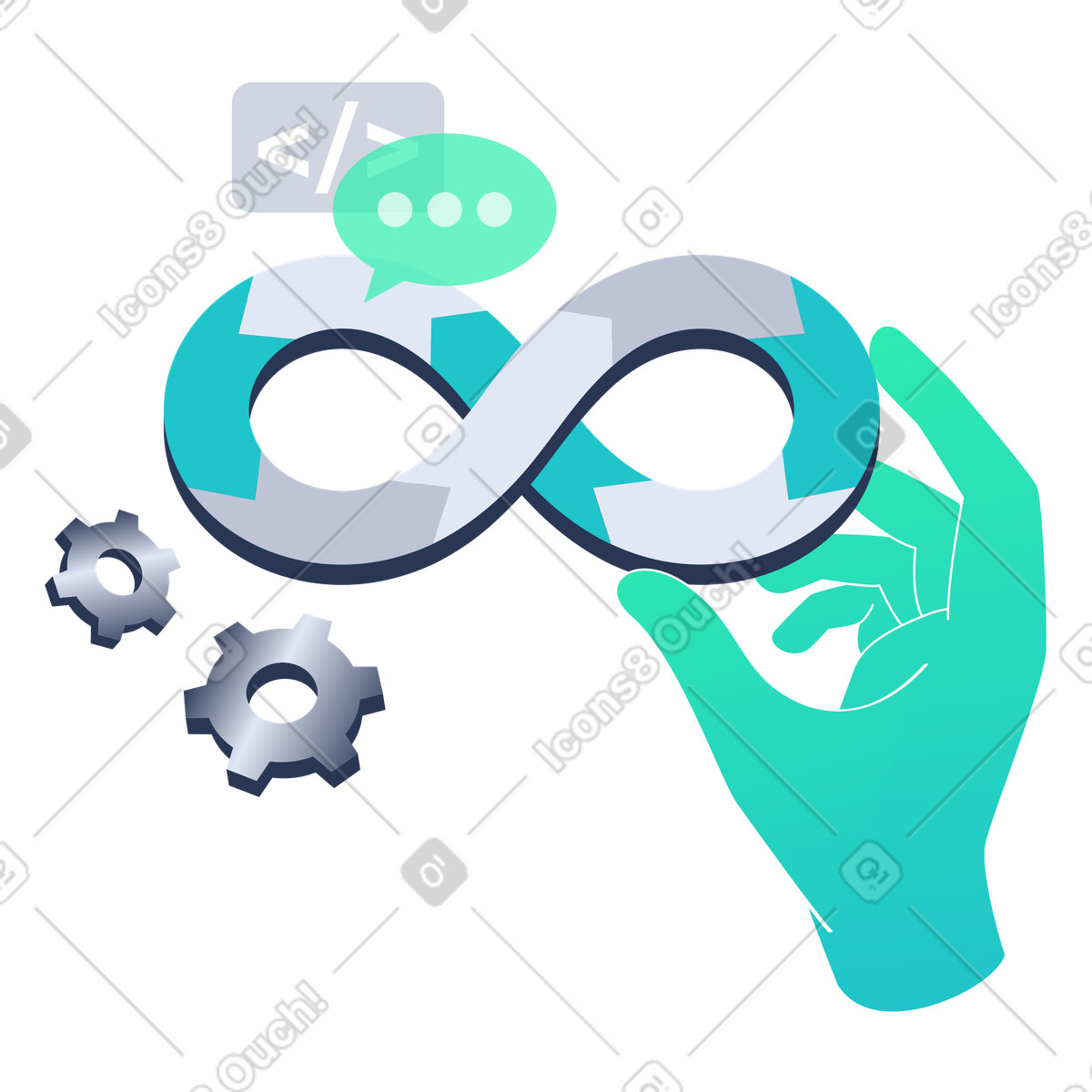 Ilustraci&oacute;n Mano sosteniendo el s&iacute;mbolo de infinito devops, bocadillo di&aacute;logo y engranajes, mentalidad devops en equipos &aacute;giles, proceso colaboraci&oacute;n estilo Lucent a descargar PNG SVG