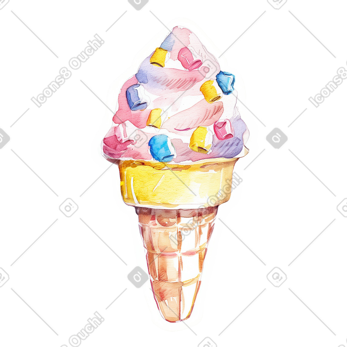 Ice cream cone with mashmallow illustration in Watercolor style download in PNG, SVG
