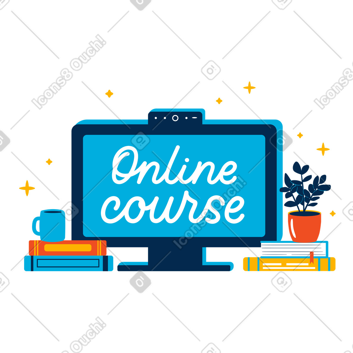 Online course lettering on the computer with books, a mug and a potted plant illustration in Flame style download in PNG, SVG