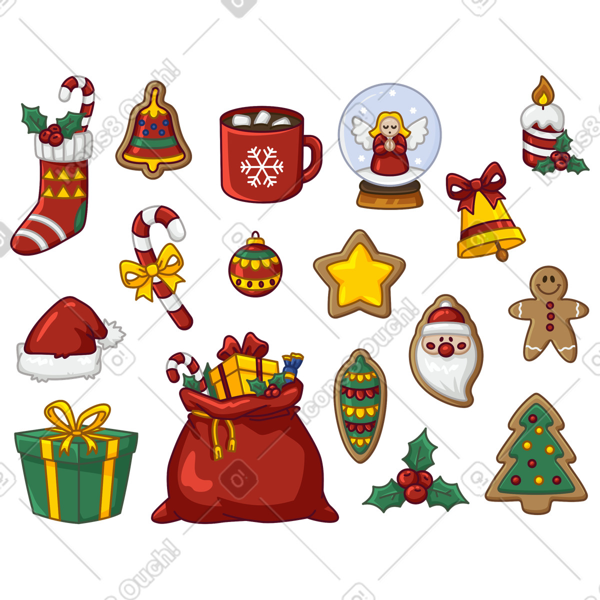 Christmas and New Year items pack illustration in Festicon style download in PNG, SVG
