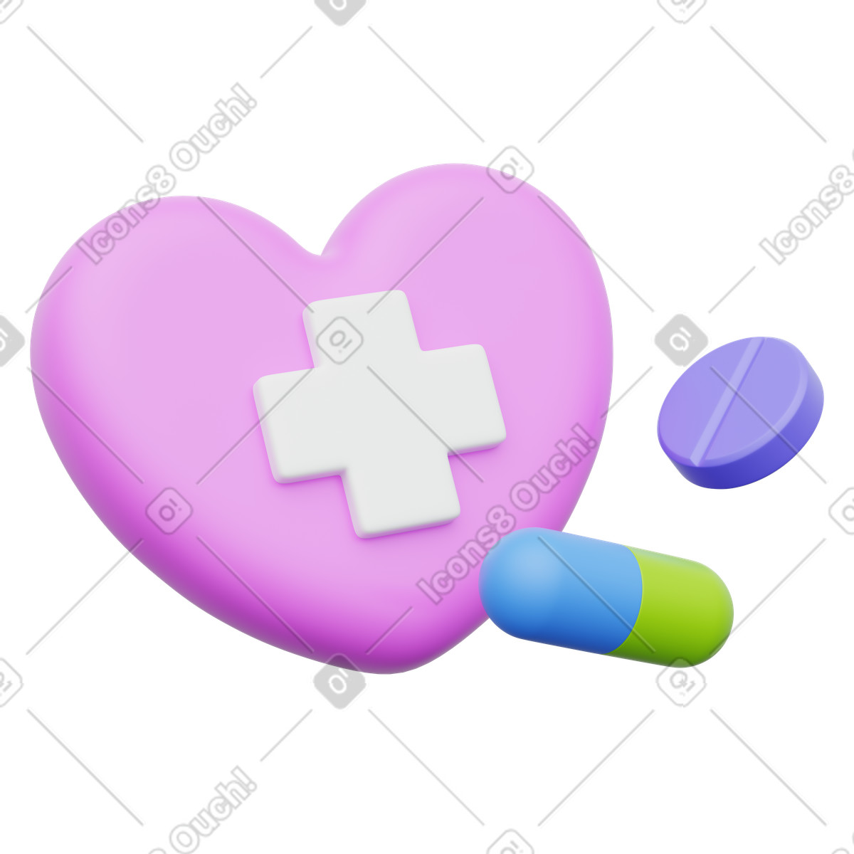 Illustration Heart health care concept with medical cross and colorful pills dans le style 3D Playful à télécharger aux formats PNG, SVG