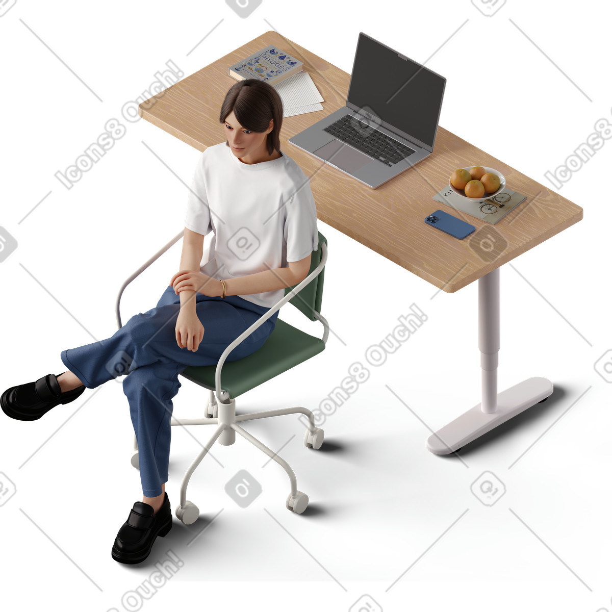 Ilustración Vista isométrica de una mujer joven sentada frente a la mesa en estilo 3D Hygge descargar en PNG y SVG