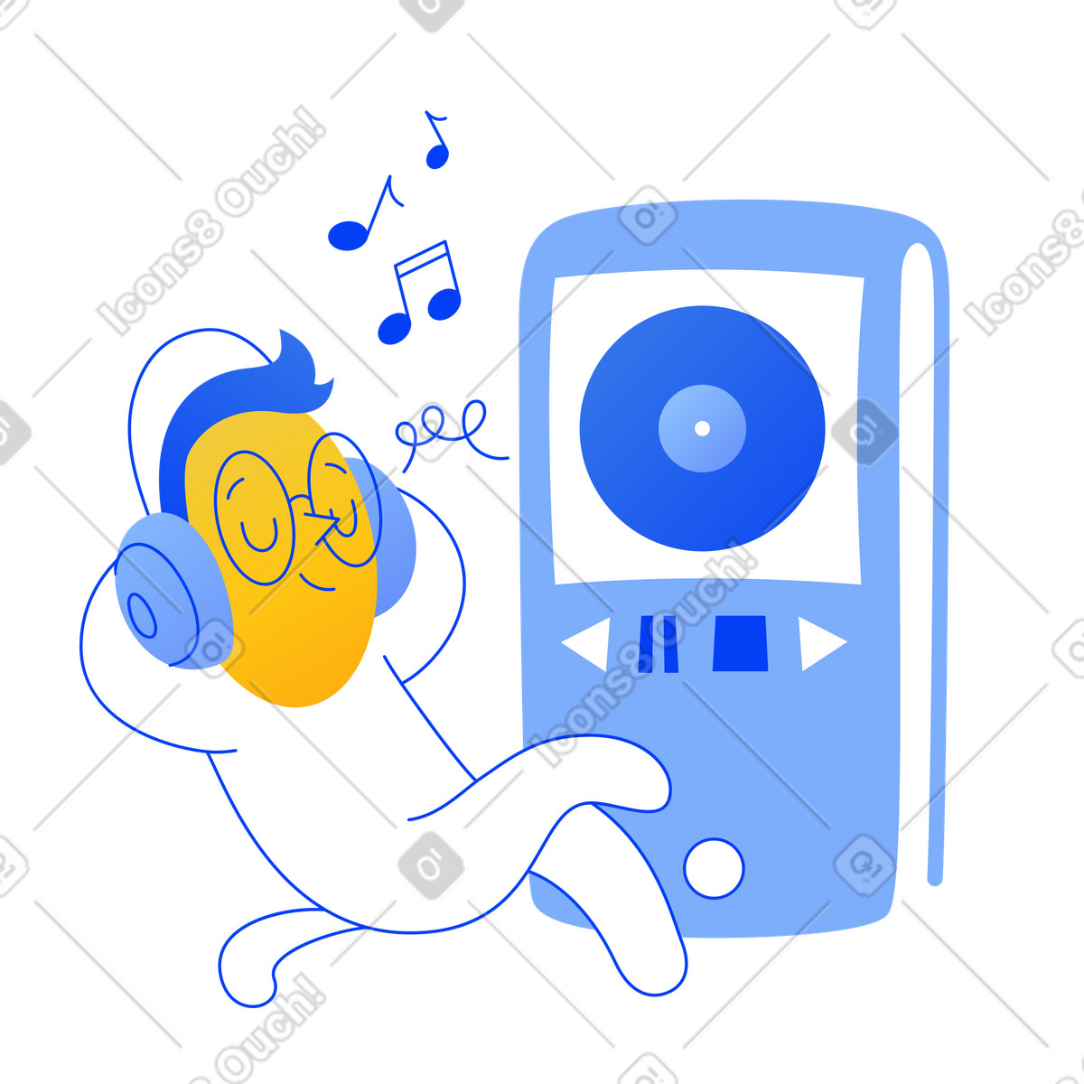Character listening music on a player illustration in Buddy style download in PNG, SVG