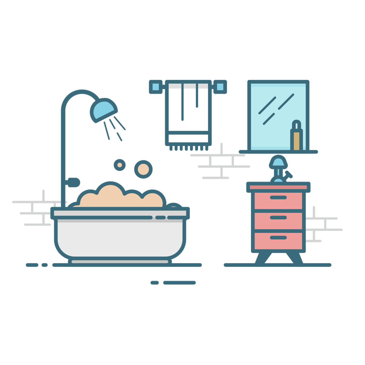 Gummy スタイルの Cozy bathroom with vanity mirror and towel, cleanliness hygiene concept のイラストをPNG、SVG形式でダウンロード