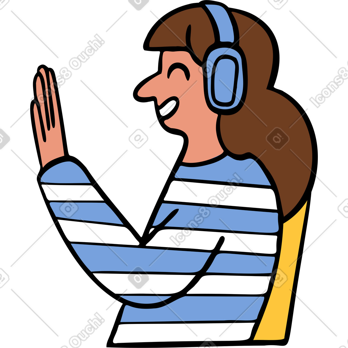 Illustration Femme avec des écouteurs assise les mains levées dans le style Comic à télécharger aux formats PNG, SVG