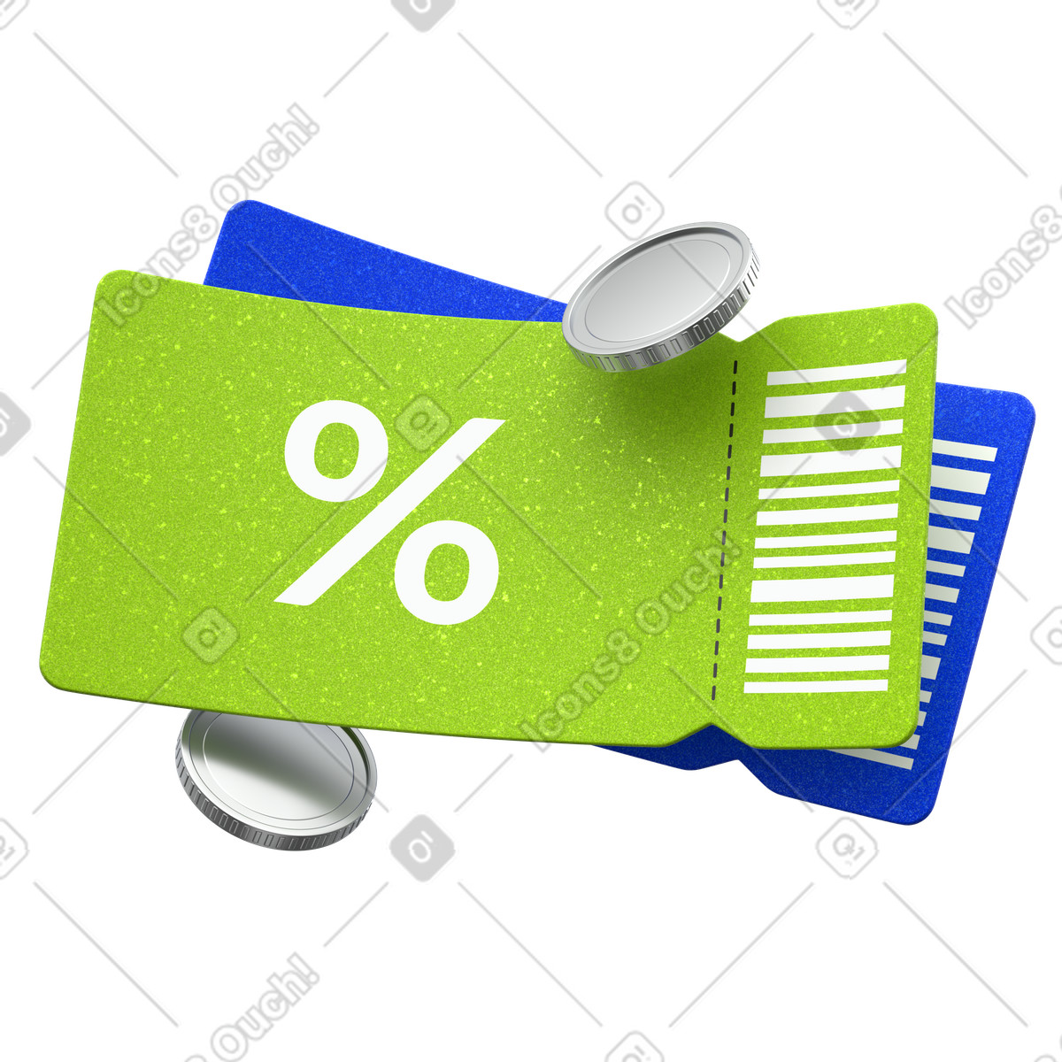 Illustration Bon de réduction, coupon vert avec code-barres, économies sur vos achats dans le style 3D Enterprise à télécharger aux formats PNG, SVG