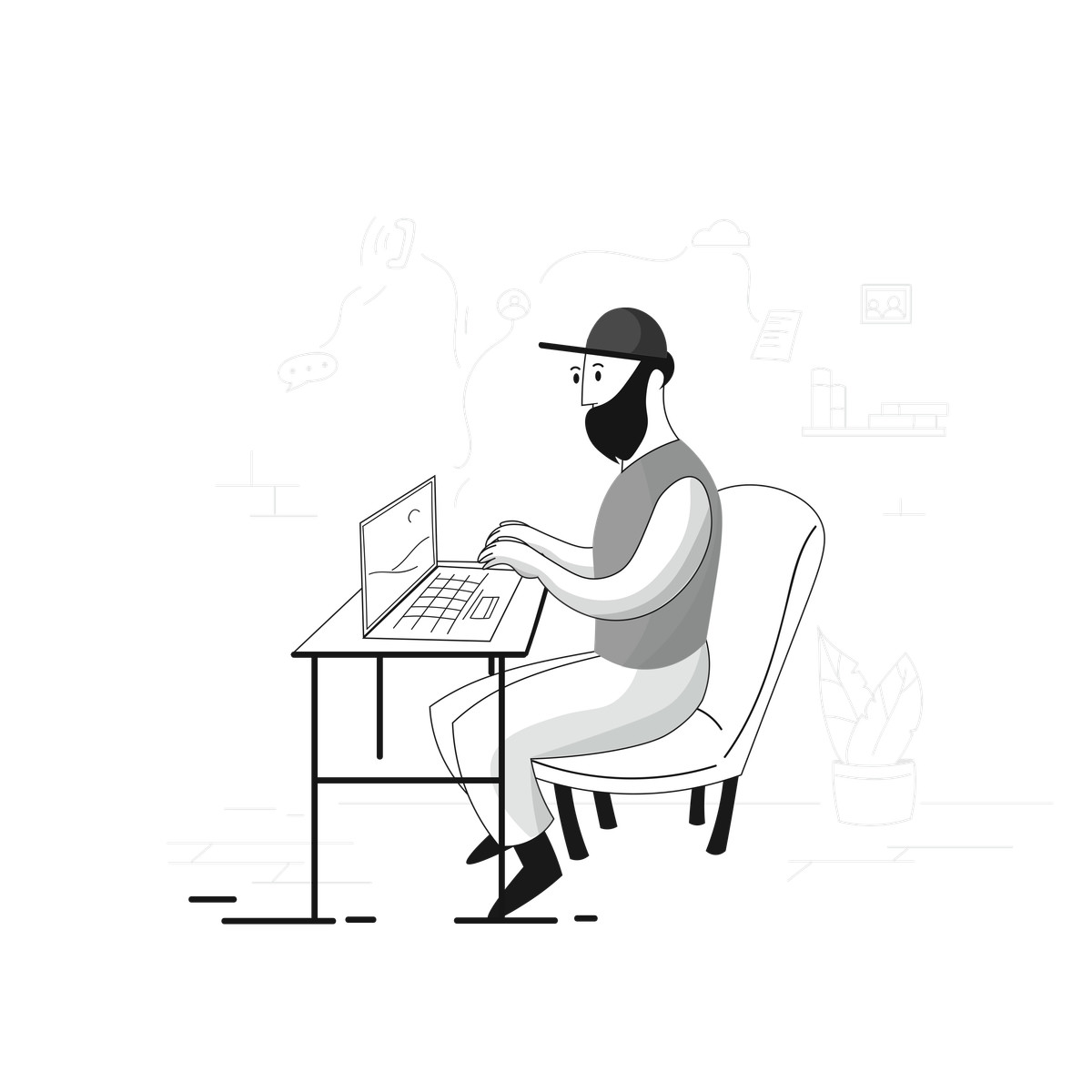 Pixeltrue スタイルの Remote worker typing on laptop in home office, online technical support のイラストをPNG、SVG形式でダウンロード