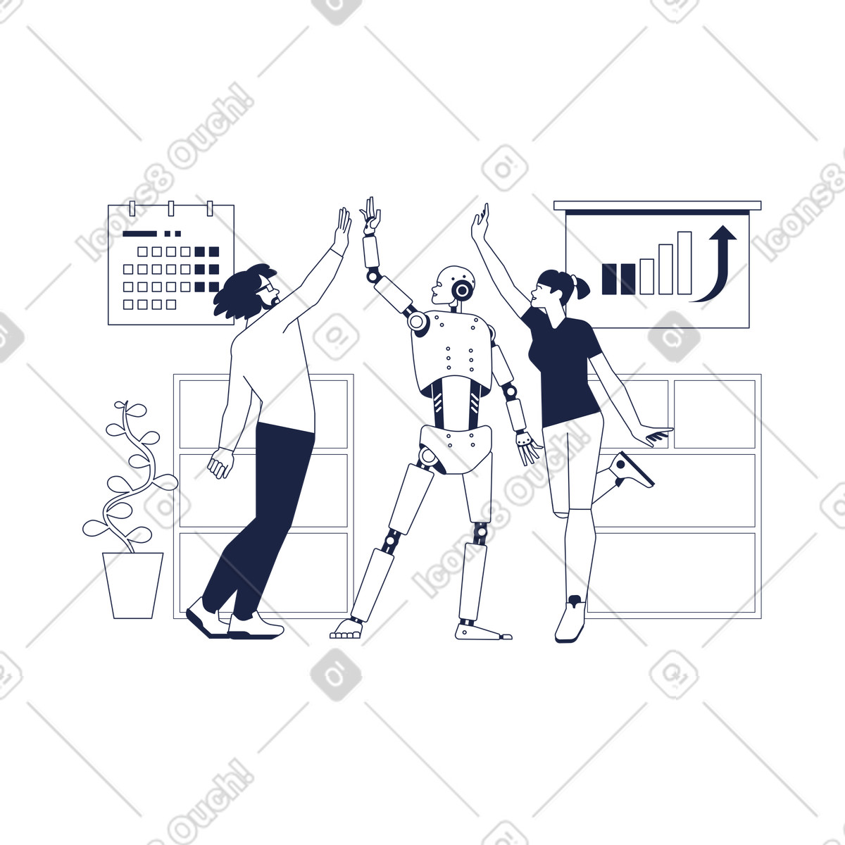 Illustration Robot android, une femme et un homme se tapent dans le bureau style Urban Line à télécharger aux formats PNG, SVG