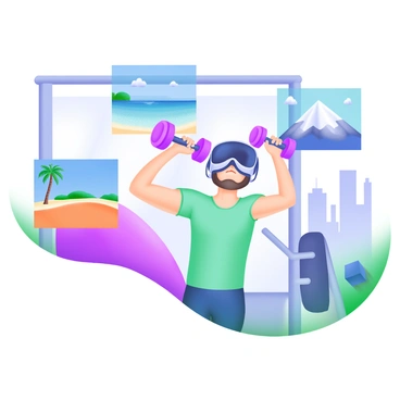 A person wearing virtual reality goggles is standing in a gym environment, appearing to simulate the exercise "skull crushers." The individual is engaged in the movement, with dumbbells held above their head. Surrounding them are various virtual environments displayed within their goggles, such as a serene beach, a snowy mountain, and an urban skyline. Each environment is represented in vibrant colors, with elements like palm trees, snow-capped peaks, and tall buildings visible in the background. The person's focused expression indicates concentration as they perform the exercise.