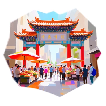 An ornate entrance gate leading into Chicago's Chinatown stands majestically, adorned with intricate carvings and colorful decorations. The gate features vibrant red and gold hues, displaying traditional Chinese motifs and symbols. Beneath the gate, a bustling scene unfolds with several street vendors. They are selling various goods, including fresh produce, fragrant street food, and handmade trinkets. The vendors, a mix of different ages and ethnicities, engage with customers, creating a lively and dynamic atmosphere around the entrance. Crowds of people are gathered, some taking photos and others enjoying the sights and sounds of the vibrant marketplace.