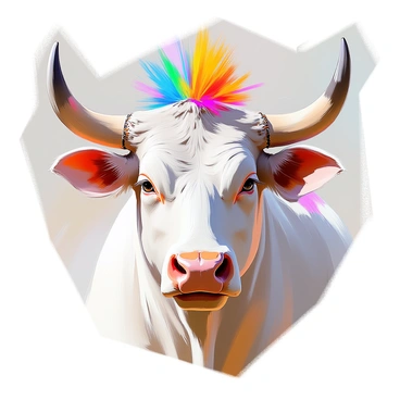 A bull head with a strong, muscular build, adorned with multiple piercings along its snout and ears. The bull's prominent features include fierce, sharp eyes that express a bold character. Atop its head is a vibrant mohawk made of colorful hair, standing tall and styled dramatically. The bull's horns curve elegantly, adding to its striking appearance. The background is neutral to emphasize the bull head's punk elements, creating a focal point on the unique aesthetic.
