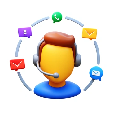 A 3D avatar wearing a sleek headset. The avatar has a modern design with a neutral facial expression. Surrounding the avatar are dynamic contact symbols, including chat bubbles, phone icons, and email envelopes, all appearing in vibrant colors. The symbols are arranged in a circular pattern around the avatar, suggesting communication and connectivity.