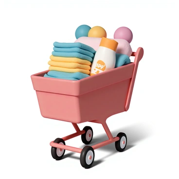 A bright red shopping cart, filled to the brim with various beach supplies. The cart contains several fluffy, colorful towels stacked neatly, alongside a large bottle of sunscreen prominently labeled with "SPF 50." There are also a few packs of brightly colored beach balls peeking out from the top of the cart. The scene is set under a clear blue sky, adding a cheerful atmosphere to the arrangement.