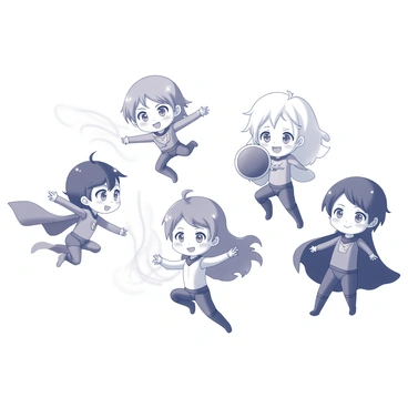 A group of four chibi-style anime superheroes standing in dynamic poses. The first superhero is flying with arms outstretched, surrounded by a swirling wind to indicate their power of flight. The second superhero is crouched low, with a bright energy shield emanating from their hands, showcasing their defensive abilities. The third superhero is leaping forward, with flames trailing behind them to symbolize their fire manipulation power. The fourth superhero is standing confidently, with vines and flowers encircling them, representing their control over nature. Each character has distinctive costumes and hair styles that reflect their unique powers.