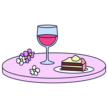 A clear wine glass filled with a deep red wine. Next to the glass is a slice of chocolate cake with creamy frosting on a small white plate. The dessert table is covered with a light pastel tablecloth. Surrounding the wine glass and cake are delicate floral decorations, featuring small pink and white flowers. The setting is illuminated with soft lighting that enhances the elegance of the display.