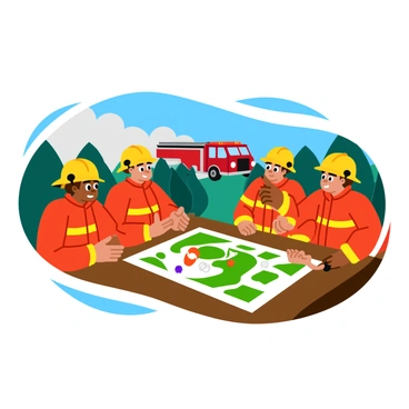 A group of firefighters gathered around a detailed map spread out on a sturdy table. The map features various colors and symbols indicating different terrains and fire locations. Smoke billows around them, partially obscuring the trees in the background. The firefighters are dressed in bright red and yellow gear, each wearing helmets and focused expressions. One firefighter is pointing at a specific area on the map while the others listen intently. There's a fire truck visible in the distance, with its lights flashing, adding to the sense of urgency in the scene.