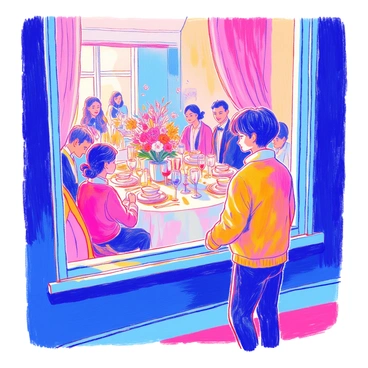 A person stands outside a large window, peering in at an elegant dinner party taking place inside. The individual has short dark hair and wears a casual jacket, expressing a look of curiosity. Inside, a beautifully set dinner table is adorned with fine china, crystal glasses, and a centerpiece of fresh flowers. Guests are dressed in formal attire, with some laughing and others engaged in conversation. Soft, warm light illuminates the room, creating a cozy ambiance. The window reflects the silhouette of the person outside, contrasting with the lively scene within.