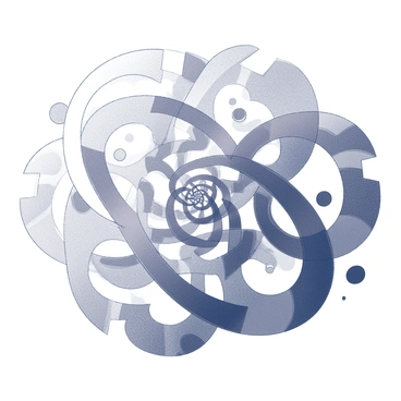A monochrome drawing featuring intricate patterns that create an optical illusion. The patterns consist of swirling lines and geometric shapes that interlock and overlap. These shapes suggest movement and depth, drawing the viewer's eye across the image. The design includes alternating sequences of curves and angles, enhancing the feeling of dynamism. The overall composition invites viewers to explore the shifting forms created by the arrangement of the patterns.