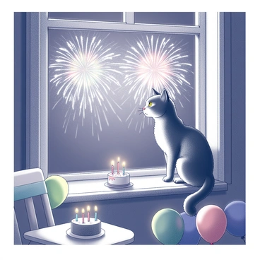A cat sitting on a windowsill, intently watching fireworks exploding in the night sky. The feline has fluffy fur and bright eyes that reflect the light from the colorful bursts above. The window frame is detailed with decorative patterns, enhancing the setting. Below, a small birthday cake with candles rests on a table, while colorful balloons are tied to a nearby chair. The atmosphere is festive, filled with the excitement of the celebration as the bright lights illuminate the surroundings.