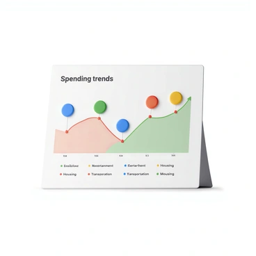 An infographic displaying "spending trends over time" in a visually engaging layout. The background is light and unobtrusive, allowing the data to stand out clearly. Various colorful icons represent different spending categories such as "food," "entertainment," "housing," and "transportation." Each icon is distinct and easily recognizable, placed strategically around a central line graph that shows the changes in spending over the years. The line graph has clearly marked axes and data points to illustrate trends. Below the graph, there are brief labels that summarize key insights from the data, all formatted in a professional and easy-to-read manner.