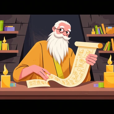 A wise sage with a long white beard wearing a flowing robe is seated at a wooden table. The sage holds an ancient scroll covered in cryptic symbols, with one hand gently unfurling it. The scroll's intricate symbols glow softly in the warm light. The chamber is dimly lit by several flickering candles placed on the table and along the stone walls, casting dancing shadows. Shelves filled with old, dusty books and various mysterious artifacts surround the sage, creating an atmosphere of knowledge and mystery.