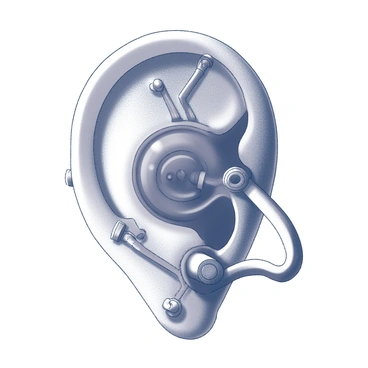 A close-up of an ear featuring robotic attributes. The ear displays intricate circuits running along its surface, revealing a blend of organic and mechanical elements. Metallic textures are prominent, giving the ear a futuristic appearance. The design includes various components, such as small gears and wires that are seamlessly integrated with the ear's natural shape. The overall look conveys a harmonious fusion between biology and technology.
