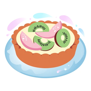 A fruit tart sits on a decorative plate, showcasing a golden-brown crust. The tart is filled with creamy custard and topped with vibrant slices of "guava" and "kiwi," arranged artistically in a circular pattern. Each slice of fruit exhibits its natural colors, with the pink and green of the guava contrasting beautifully against the bright green of the kiwi. The tart is garnished with a light dusting of powdered sugar, adding a touch of elegance to the presentation. In the background, soft pastel colors create a warm, inviting atmosphere.