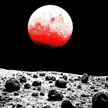 A large moon with a blood-red hue is rising in the night sky above a barren landscape. The moon's surface is detailed with craters and shadows, adding depth to its appearance. The ground below is rough and uneven, featuring scattered rocks and patches of dry earth. An eerie glow emanates from the moon, illuminating the surrounding area with stark highlights and deep shadows, creating a dramatic contrast across the desolation.