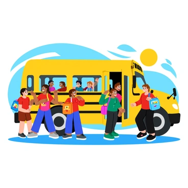 A group of excited school children is boarding a yellow school bus. Each child is holding a colorful backpack, with designs featuring cartoon characters and patterns. The children have various hairstyles and clothing styles, showcasing a mix of bright colors such as red, blue, and green. The bus doors are open wide, inviting the children in. Some children are smiling and chatting with each other while others are looking eagerly at the bus interior. The background shows a sunny day with a few fluffy clouds in the sky.