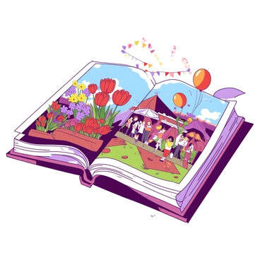 An illustration depicts a vibrant flower festival on the open pages of a book. The left page shows various flowers in full bloom, including red tulips, yellow daisies, and purple irises, all arranged in an enticing manner. The right page features joyful festival-goers admiring the flowers, some holding bright orange balloons while others take photographs. Colorful banners and decorations are draped across the top of the pages, enhancing the festive atmosphere. The book is placed on a wooden table, with sunlight casting soft shadows across the pages.