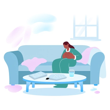 A person is sitting comfortably on a soft couch, looking down at their bloated stomach. They are wearing loose-fitting clothing that allows for ease and comfort. The room is filled with soft, gradient pastel colors, creating a warm and inviting atmosphere. Light filters in through a nearby window, casting gentle shadows across the floor. On a coffee table in front of them, there are a few scattered magazines and a glass of water. A cozy blanket is draped over the arm of the couch, adding to the relaxed home setting.